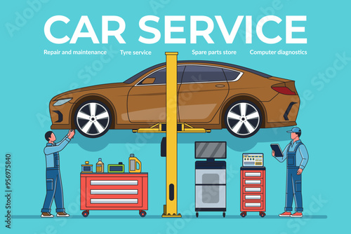 Auto service, car maintenance and repair concept illustration. A team of auto mechanics checks and maintains a car on a lift in a service workshop. Vector illustration.