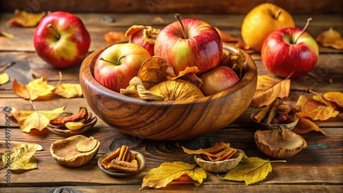 A rustic wooden bowl overflows with a delicious arrangement of dried apples in various shades of golden brown, perfect for autumn or winter decor.