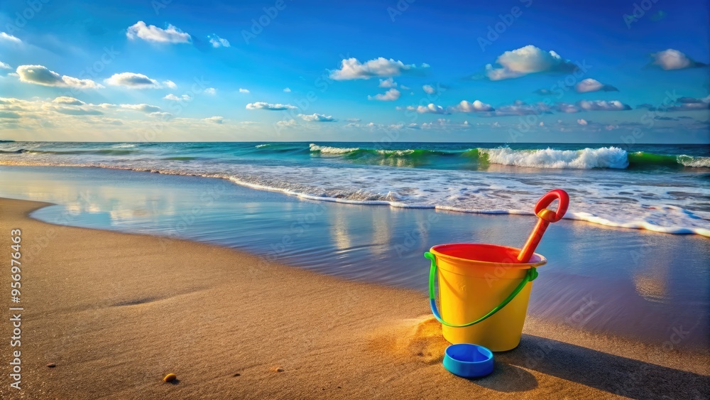 A serene coastline scene features a colorful beach bucket and shovel abandoned in the sand, surrounded by gentle waves and a clear blue sky. A serene coastline scene features a colorful beach bucket and shovel abandoned in the sand, surrounded by gentle waves and a clear blue sky.