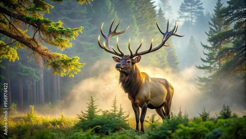 Majestic bull elk with enormous branch-like antlers stands proudly in a serene forest clearing, surrounded by lush green foliage, under a misty morning sky. photo