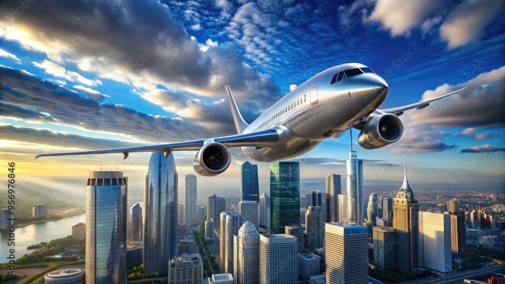 Sleek, silver, and futuristic commercial airliner soars through a vibrant blue sky, with shimmering cityscape and sleek skyscrapers visible through the clouds below. Sleek, silver, and futuristic commercial airliner soars through a vibrant blue sky, with shimmering cityscape and sleek skyscrapers visible through the clouds below.