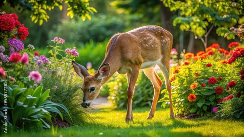 Fototapeta Naklejka Na Ścianę i Meble -  A serene whitetail deer grazes peacefully in a lush green backyard surrounded by blooming flowers and dense foliage on a warm sunny afternoon.