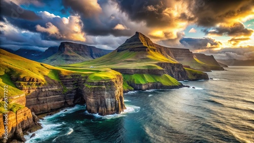 Majestic rugged coastline of the Faroe Islands, with steep cliffs, crashing waves, and lush green hillsides, under a dramatic cloudy sky with sunbreaks. photo