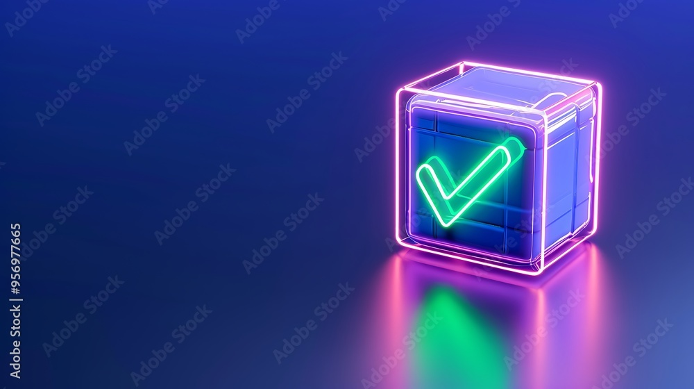 Neon checkmark inside a transparent cube on a dark blue background, representing confirmation or approval with modern technology style. Neon checkmark inside a transparent cube on a dark blue background, representing confirmation or approval with modern technology style.