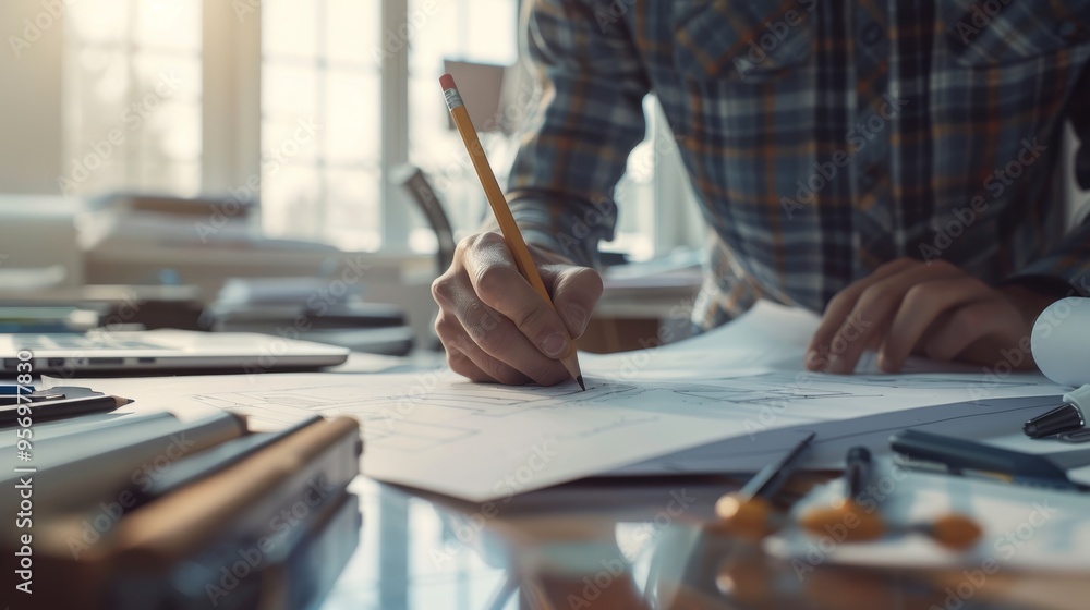 An individual, dressed casually, is intensely working on architectural sketches in a bright, sunlit workspace filled with tools and papers. An individual, dressed casually, is intensely working on architectural sketches in a bright, sunlit workspace filled with tools and papers.