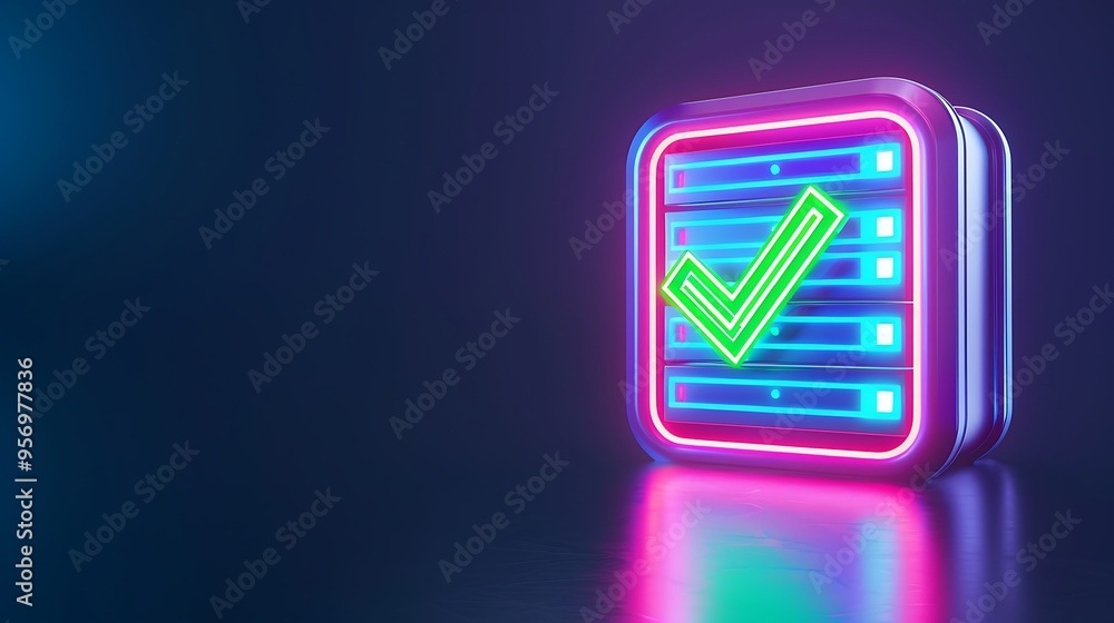 Neon checkmark symbol with futuristic lighting on a dark background, representing data validation, success, or confirmation in digital technology. Neon checkmark symbol with futuristic lighting on a dark background, representing data validation, success, or confirmation in digital technology.