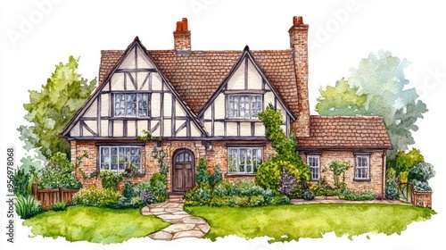 Watercolor hand-drawn English house with garden and lawn, isolated on white background.