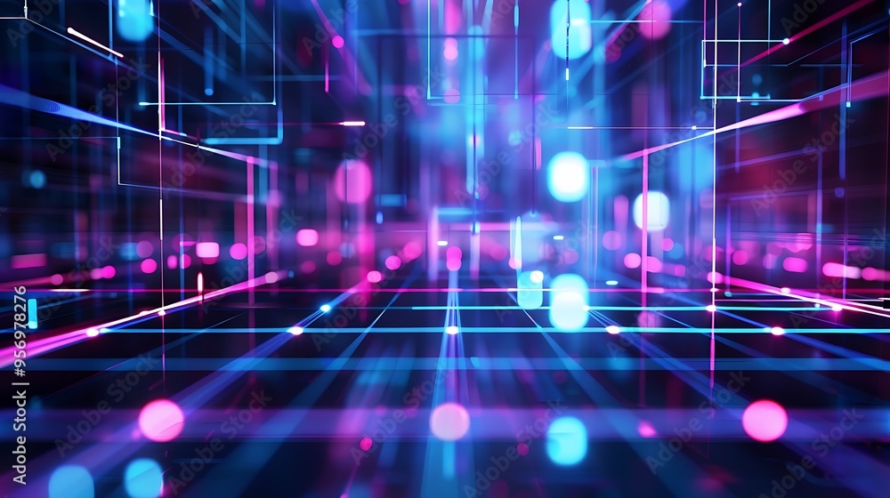 A futuristic holographic grid projected over a sleek, glassy surface, with vibrant blue and purple lines creating a high-tech ambiance A futuristic holographic grid projected over a sleek, glassy surface, with vibrant blue and purple lines creating a high-tech ambiance