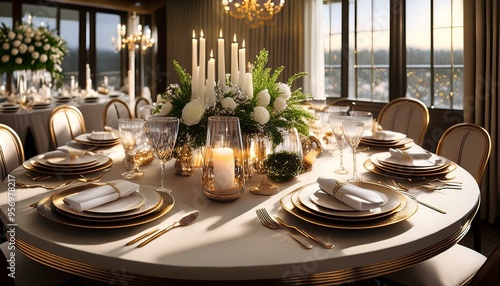 Holiday Table Settings Elegant Dinner Tables: Beautifully set tables with candles, fine china, and festive centerpieces.