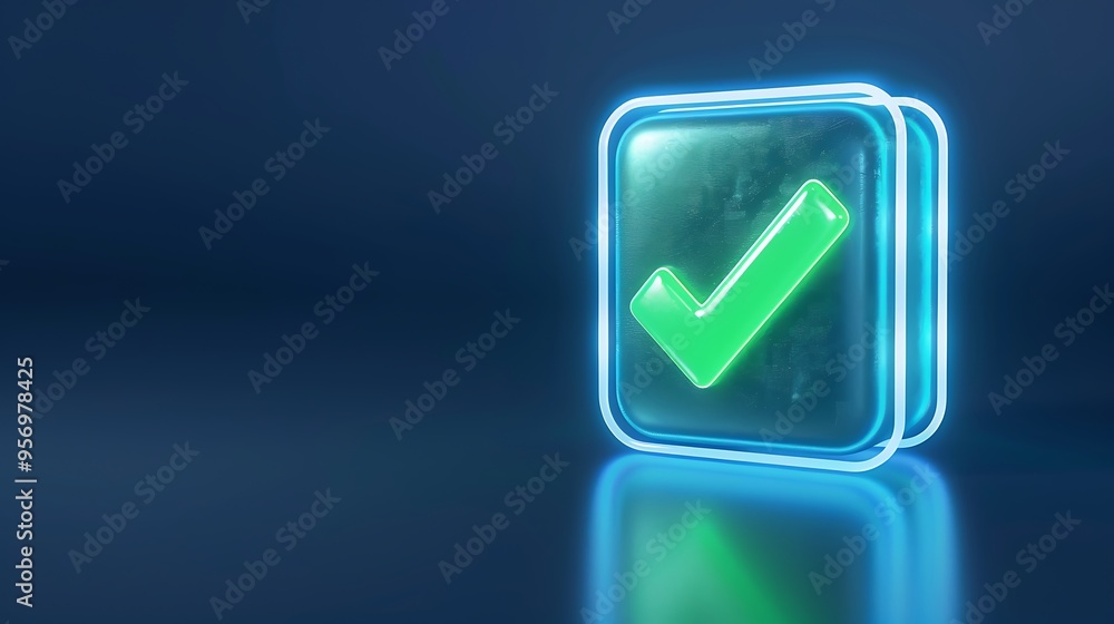 Neon green checkmark icon on a glowing blue background symbolizing approval, validation, or success in a modern digital design. Neon green checkmark icon on a glowing blue background symbolizing approval, validation, or success in a modern digital design.
