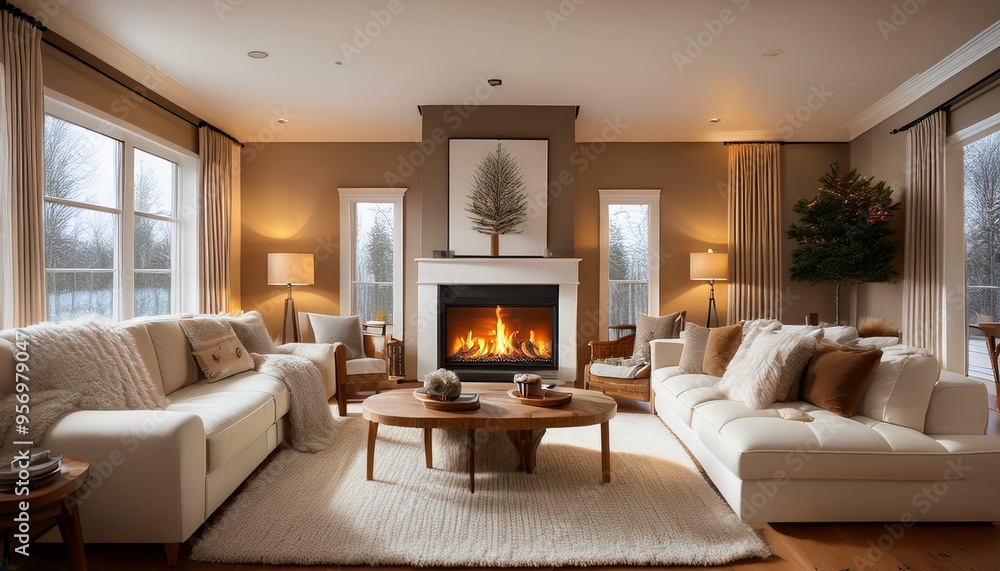 Fototapeta premium Cozy Interior Scenes Fireplace Settings: Warm, inviting living rooms with a roaring fire, plush rugs, and soft lighting.