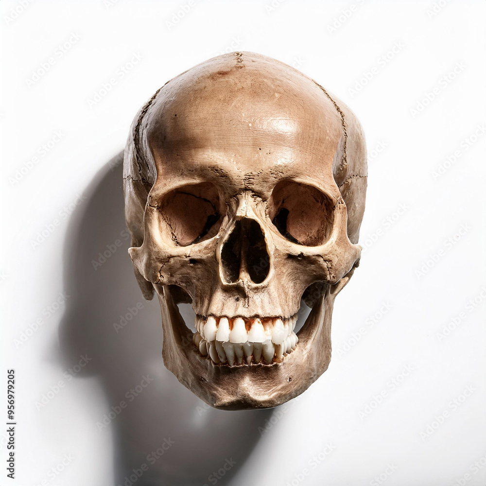 Obraz premium A Human Skull with broken teeth shadow on a white isolated background. Illustration, halloween, horror, scary, death concept.