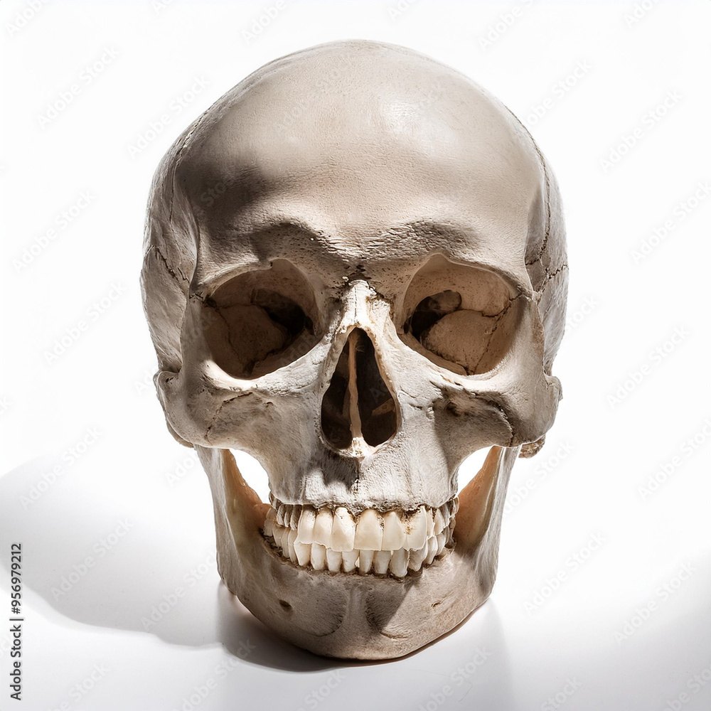 Obraz premium A Human Skull with broken teeth shadow on a white isolated background. Illustration, halloween, horror, scary, death concept.
