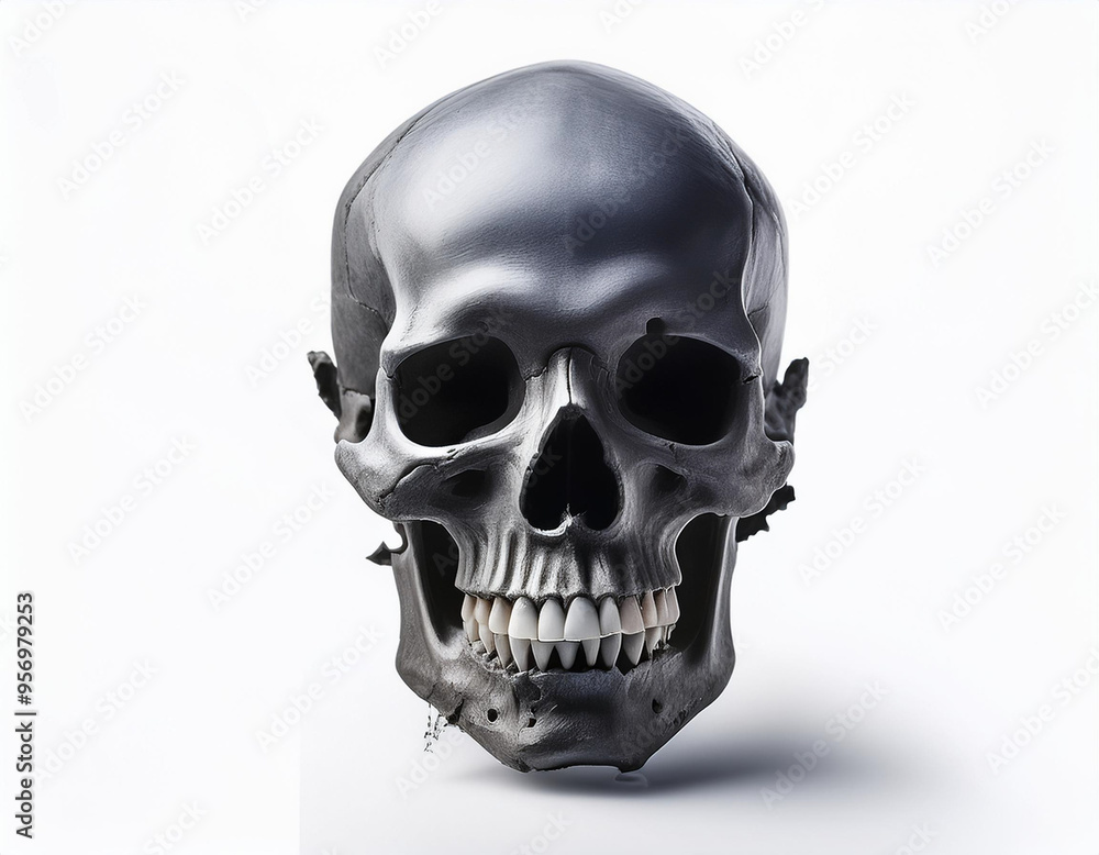 A Human Skull with broken teeth shadow on a white isolated background. Illustration, halloween, horror, scary, death concept. A Human Skull with broken teeth shadow on a white isolated background. Illustration, halloween, horror, scary, death concept.