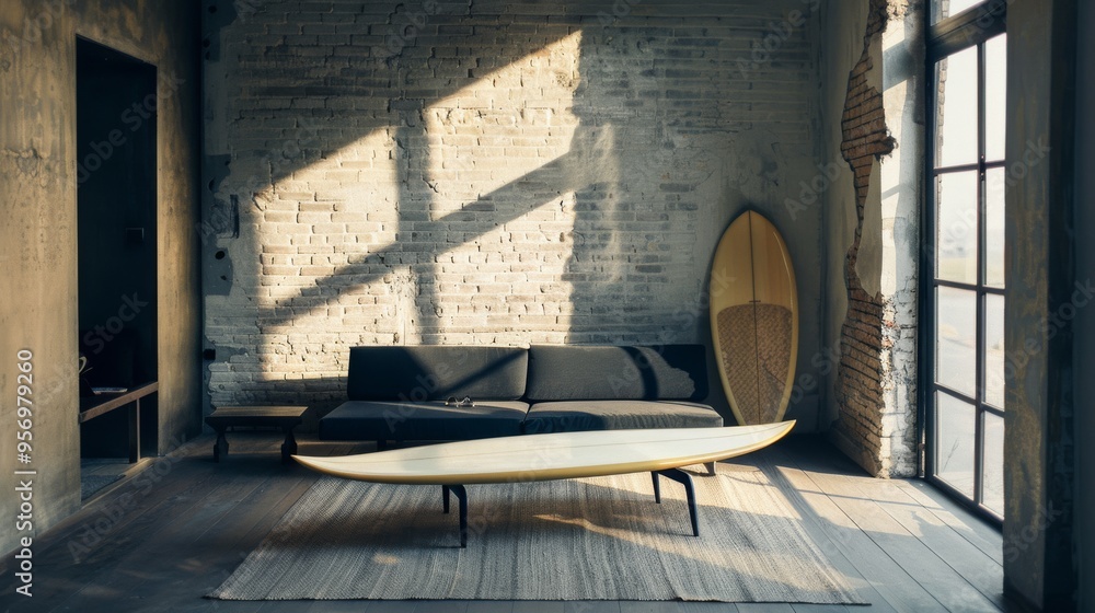 A bright loft with tall windows, minimalistic decor, and a surfboard propped against a weathered brick wall, evoking a relaxed, beach-inspired vibe. A bright loft with tall windows, minimalistic decor, and a surfboard propped against a weathered brick wall, evoking a relaxed, beach-inspired vibe.
