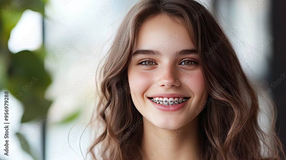 A beautiful young woman with braces, smiling brightly as she undergoes orthodontic treatment. A beautiful young woman with braces, smiling brightly as she undergoes orthodontic treatment.