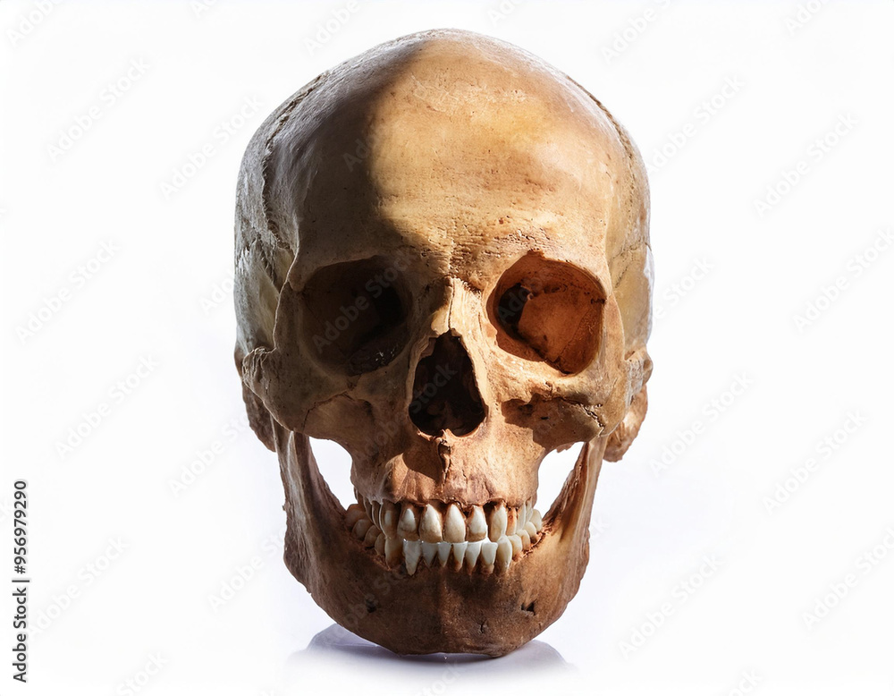 A Human Skull with broken teeth shadow on a white isolated background. Illustration, halloween, horror, scary, death concept. A Human Skull with broken teeth shadow on a white isolated background. Illustration, halloween, horror, scary, death concept.