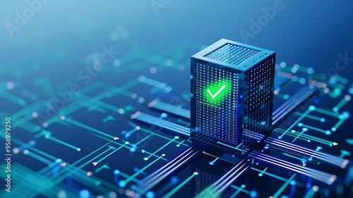 Secure digital circuit with a green check mark indicating safety, representing cybersecurity and data protection on a blue futuristic grid. photo