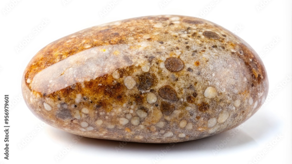 A small, smooth, rounded pebble with intricate patterns and flecks of mineral deposits, isolated on a clean white background, highlighting its natural beauty. A small, smooth, rounded pebble with intricate patterns and flecks of mineral deposits, isolated on a clean white background, highlighting its natural beauty.