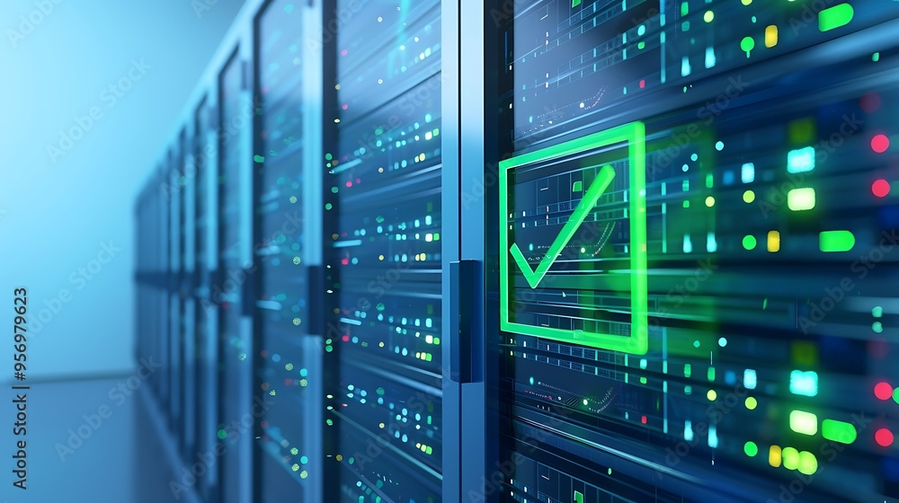 Server racks in a modern data center with illuminated check mark, representing secure and efficient computing technology. Server racks in a modern data center with illuminated check mark, representing secure and efficient computing technology.