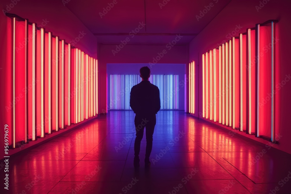 A Silhouette of a Man Standing Between Walls of Neon Lights A Silhouette of a Man Standing Between Walls of Neon Lights