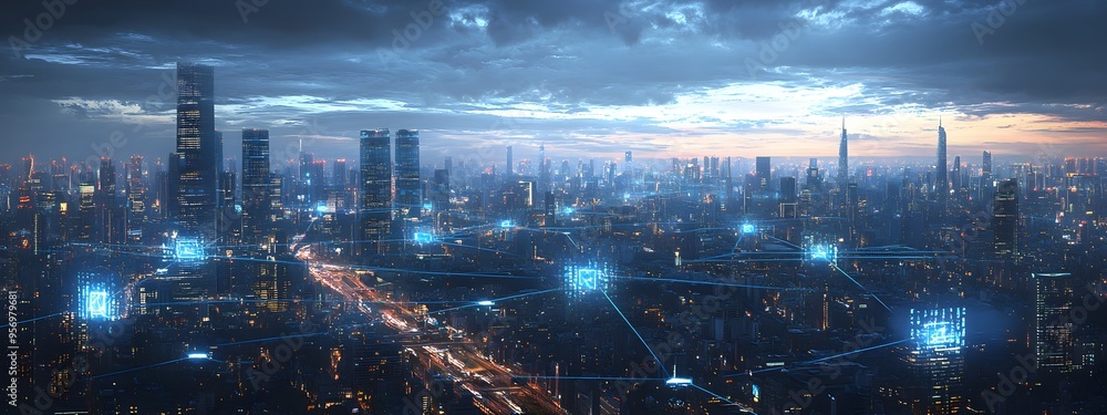 Digital cityscape with interconnected networks and digital elements, representing the integration of smart urban technology in an evening setting