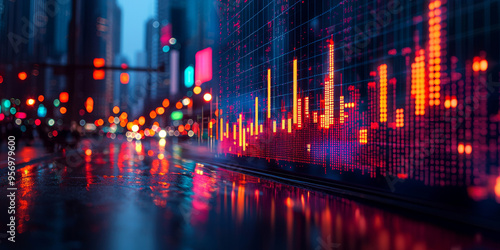 A large digital display in a bustling city showcases stock market data, with red and orange lights reflecting on the wet pavement.