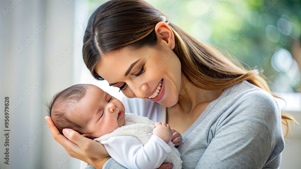 A smiling mother gently cradles her newborn baby in her arms, beaming with joy and love as the child gazes up at her adoringly. A smiling mother gently cradles her newborn baby in her arms, beaming with joy and love as the child gazes up at her adoringly.