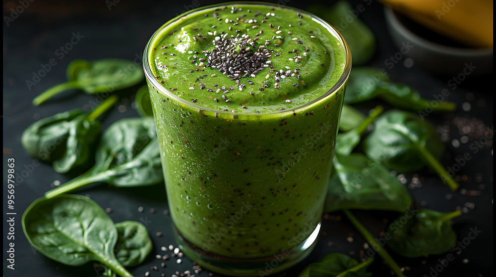 Freshly blended green smoothie with spinach, banana, and chia seeds, nutrient-packed drink, brain health benefits. Freshly blended green smoothie with spinach, banana, and chia seeds, nutrient-packed drink, brain health benefits.