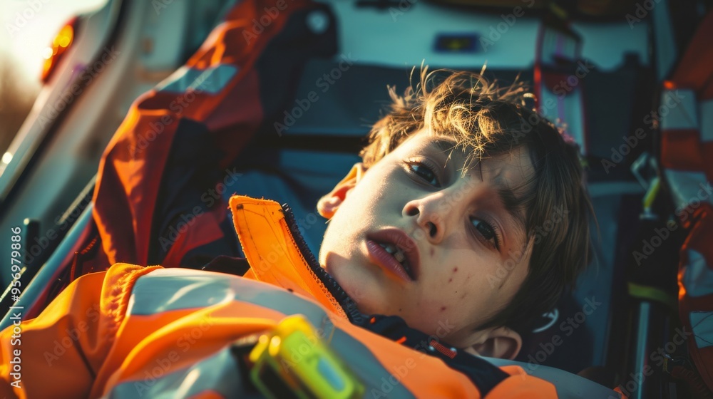 Obraz premium A young boy in safety gear lies inside what appears to be an emergency vehicle, looking alert yet somewhat distressed, conveying a sense of urgency and care.