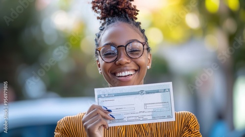 A person happily holding a paycheck or bank statement, representing the concept of paying oneself for hard work