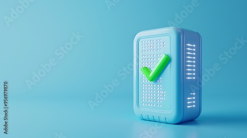 Stylized security server with a green checkmark on a blue background, symbolizing protection and verification.