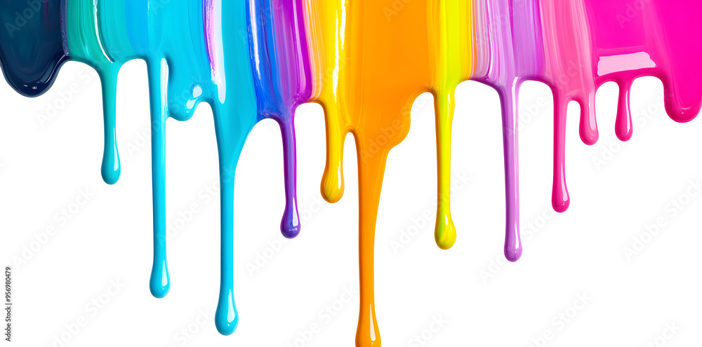 Naklejka premium Colorful rainbow paint dripping from above art isolated on white background