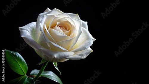 A solitary, delicate white rose blooms in stark contrast against a mysterious, inky black background, evoking elegance, beauty, and subtle hints of romance.