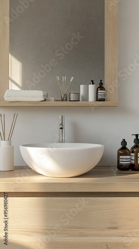 Minimalist bathroom vanity with white vessel sink, wooden countertop, and mirror frame. Sleek toiletries and diffuser create a serene spa-like atmosphere.