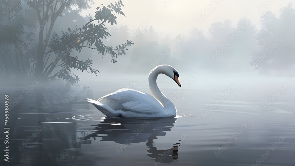 Elegant Swan Gliding Across a Foggy Lake with Graceful Motion Elegant Swan Gliding Across a Foggy Lake with Graceful Motion