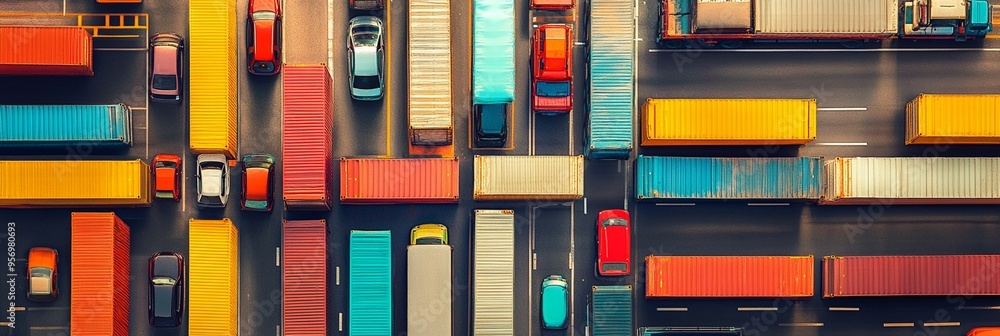 Aerial view of colorful cargo containers and trucks on asphalt, creating a vibrant geometric pattern. Logistics and transportation concept in urban setting. Aerial view of colorful cargo containers and trucks on asphalt, creating a vibrant geometric pattern. Logistics and transportation concept in urban setting.