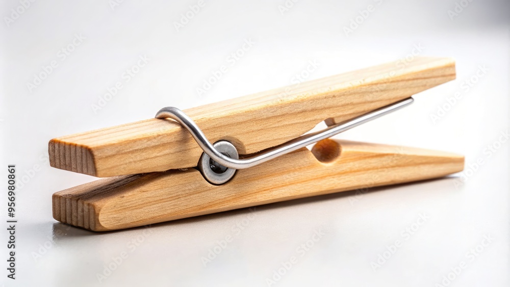 A solitary wooden clothes peg stands upright against a crisp, bright white background, its metal spring and hinge gleaming in the soft, natural light. A solitary wooden clothes peg stands upright against a crisp, bright white background, its metal spring and hinge gleaming in the soft, natural light.