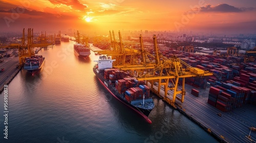 Wide-angle shot of a sea port with towering cranes and container ships docked. Focuses on port operations, logistics, and maritime industry infrastructure.