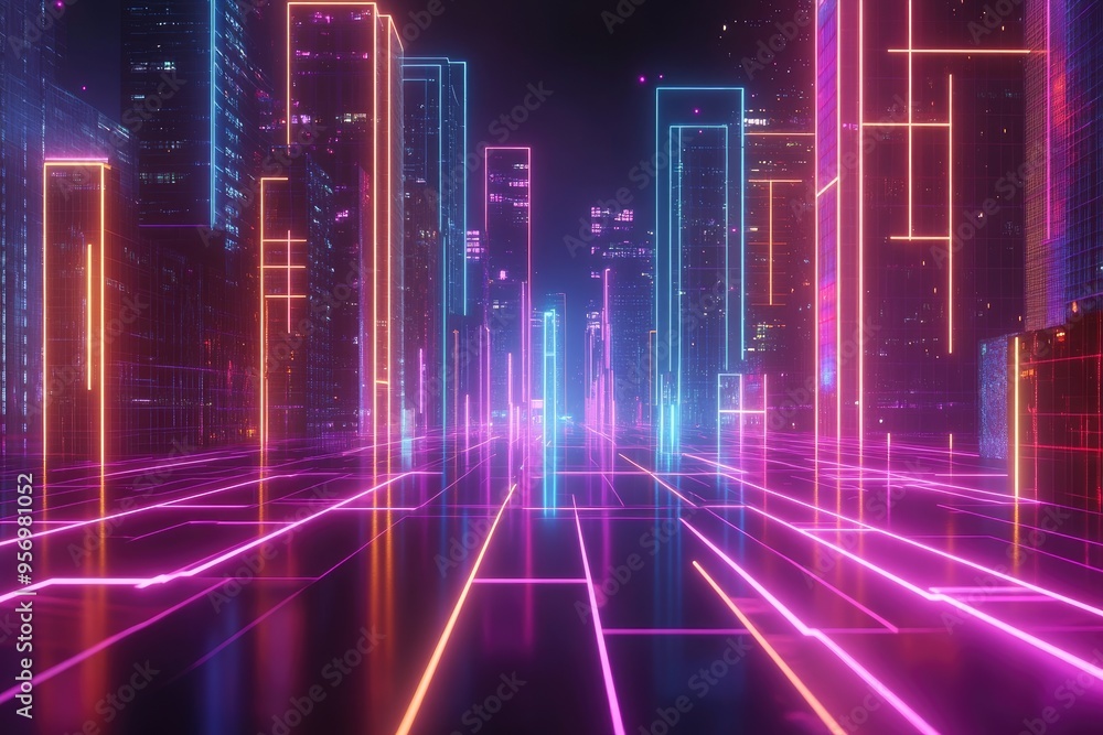 Neon Cityscape with Illuminated Buildings and Glowing Lines Neon Cityscape with Illuminated Buildings and Glowing Lines