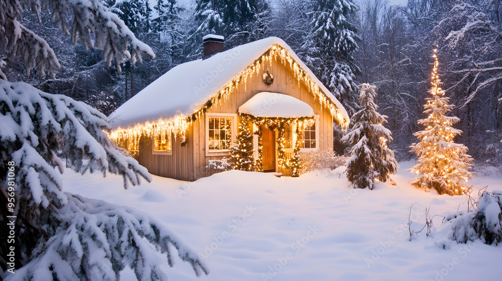 Naklejka premium Charming Christmas-decorated winter cottage with a snow-covered roof, radiating a warm, inviting glow from inside,creating a picturesque holiday scene.