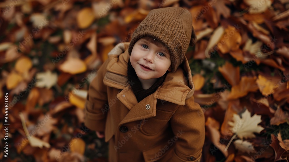 A young child in a brown coat and beanie looks up with a joyful smile while surrounded by fallen autumn leaves. A young child in a brown coat and beanie looks up with a joyful smile while surrounded by fallen autumn leaves.