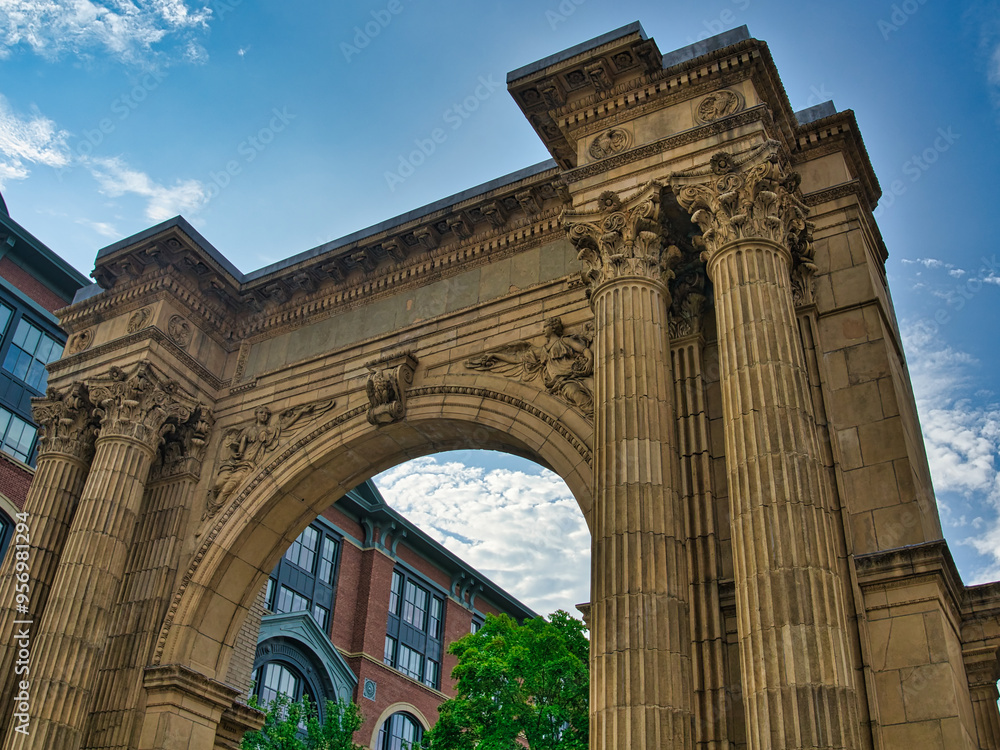 Obraz premium Union Station arch in downtown Columbus Ohio. Arena district USA 2024