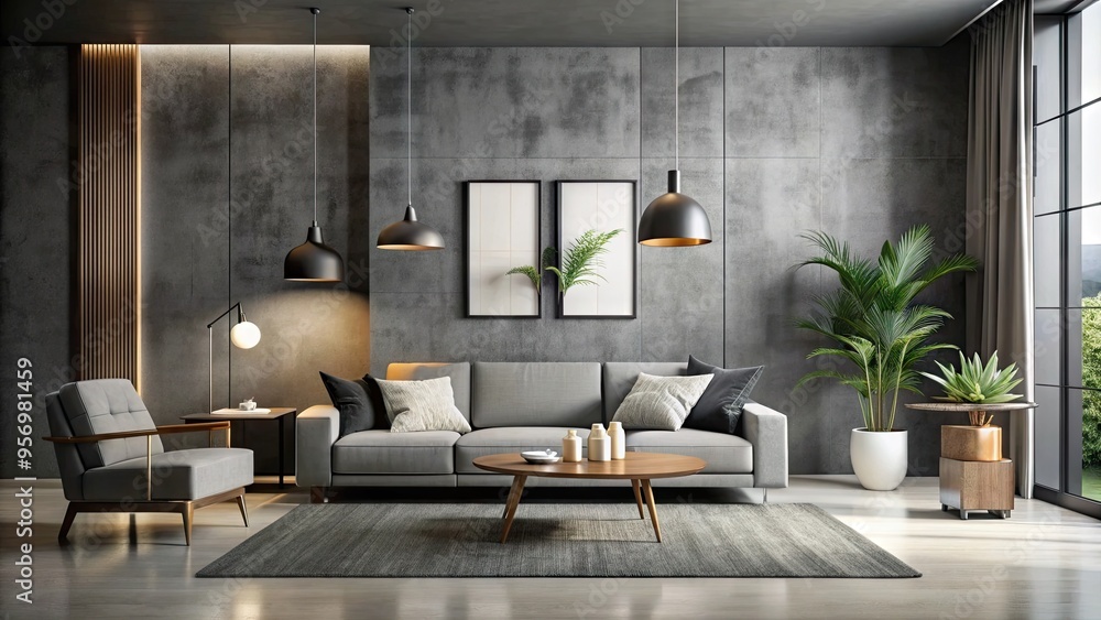 Fototapeta premium Minimalist modern living room interior with empty black and white wall art mockup on a concrete wall, against a sleek dark gray background.