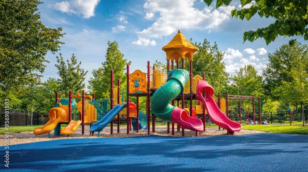 A cheerful park playground with colorful equipment, designed for children to enjoy outdoor activities. A cheerful park playground with colorful equipment, designed for children to enjoy outdoor activities.