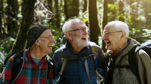 Three elderly men share a hearty laugh, surrounded by the serene atmosphere of a sunlit forest.