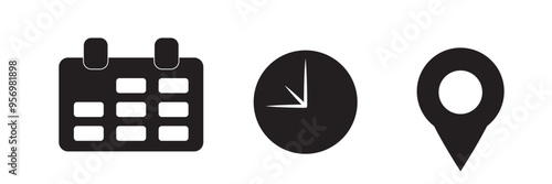 Address location icon. Stopwatch timer icon. Date Calendar icon . Time, date, address icon vector isolated on circle outline . 
