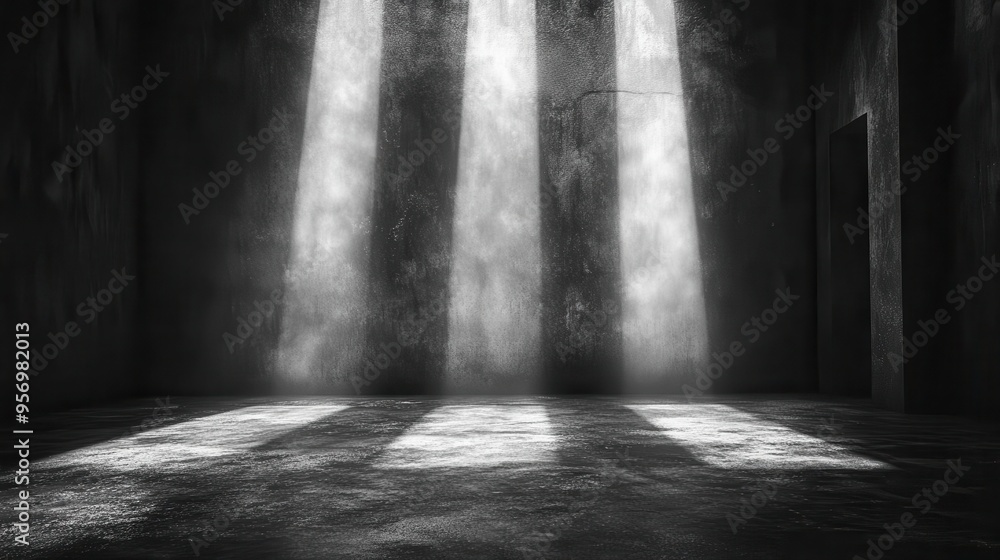 dramatic studio scene with three converging light beams illuminating textured asphalt floor creating stark contrast and minimalist product showcase dramatic studio scene with three converging light beams illuminating textured asphalt floor creating stark contrast and minimalist product showcase