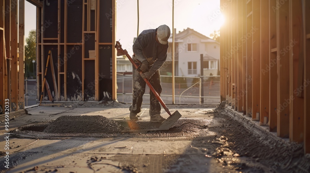 Fototapeta premium A construction worker spreads concrete on a building site at sunrise, embodying dedication and hard work.