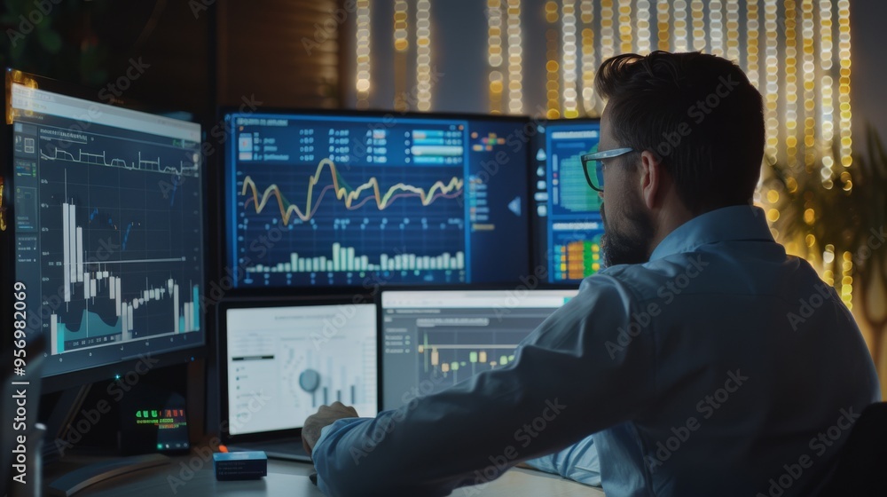 A man in a modern office environment, analyzing stock market data on multiple computer screens, illustrating financial focus and technology. A man in a modern office environment, analyzing stock market data on multiple computer screens, illustrating financial focus and technology.